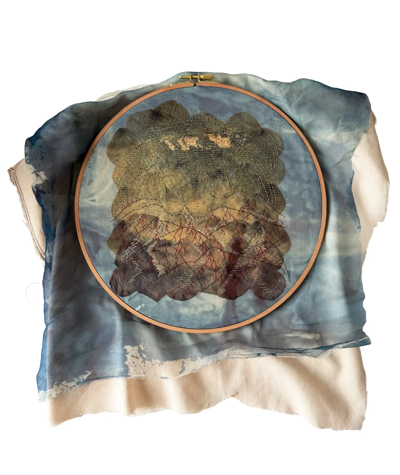 Blue (Version II). Textile installation: textile, threads, dried flowers