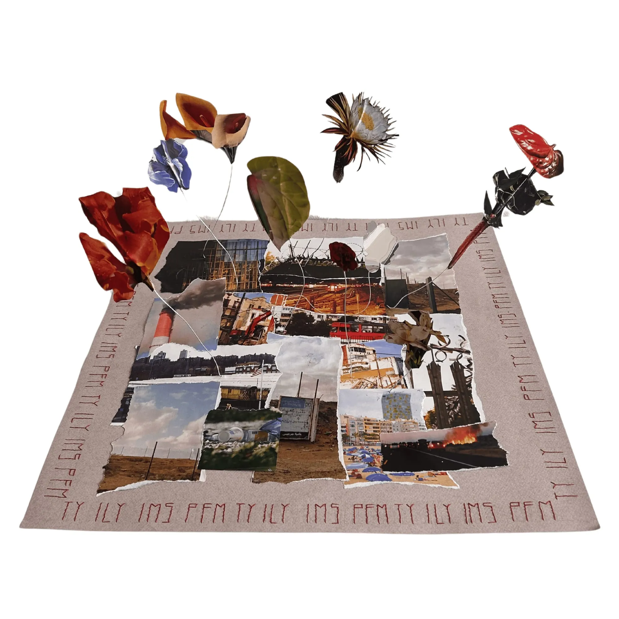 IMS PFM TY ILY. Mixed media: paper, magazine clippings, threads, metal wire