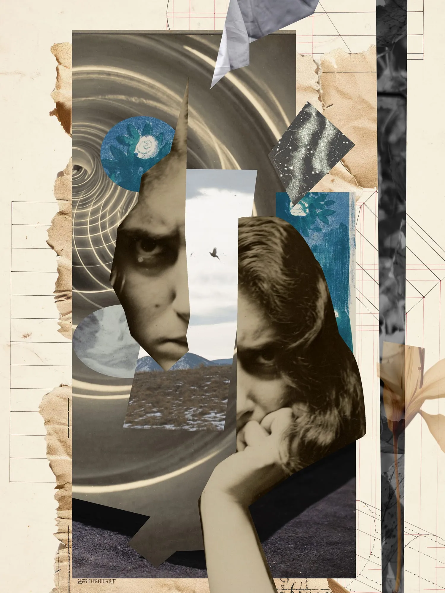 Apathy. Collage on detachment and inner emptiness: a figure both present and withdrawn among layered found imagery. Digital collage by Asya Aseeva