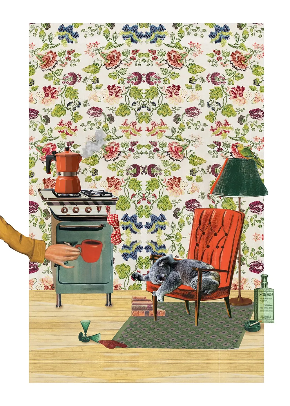 Coffee at home. A koala asleep in an orange armchair while a hand offers a red cup; moka pot steaming on a stove against dense floral wallpaper. Digital collage by Asya Aseeva