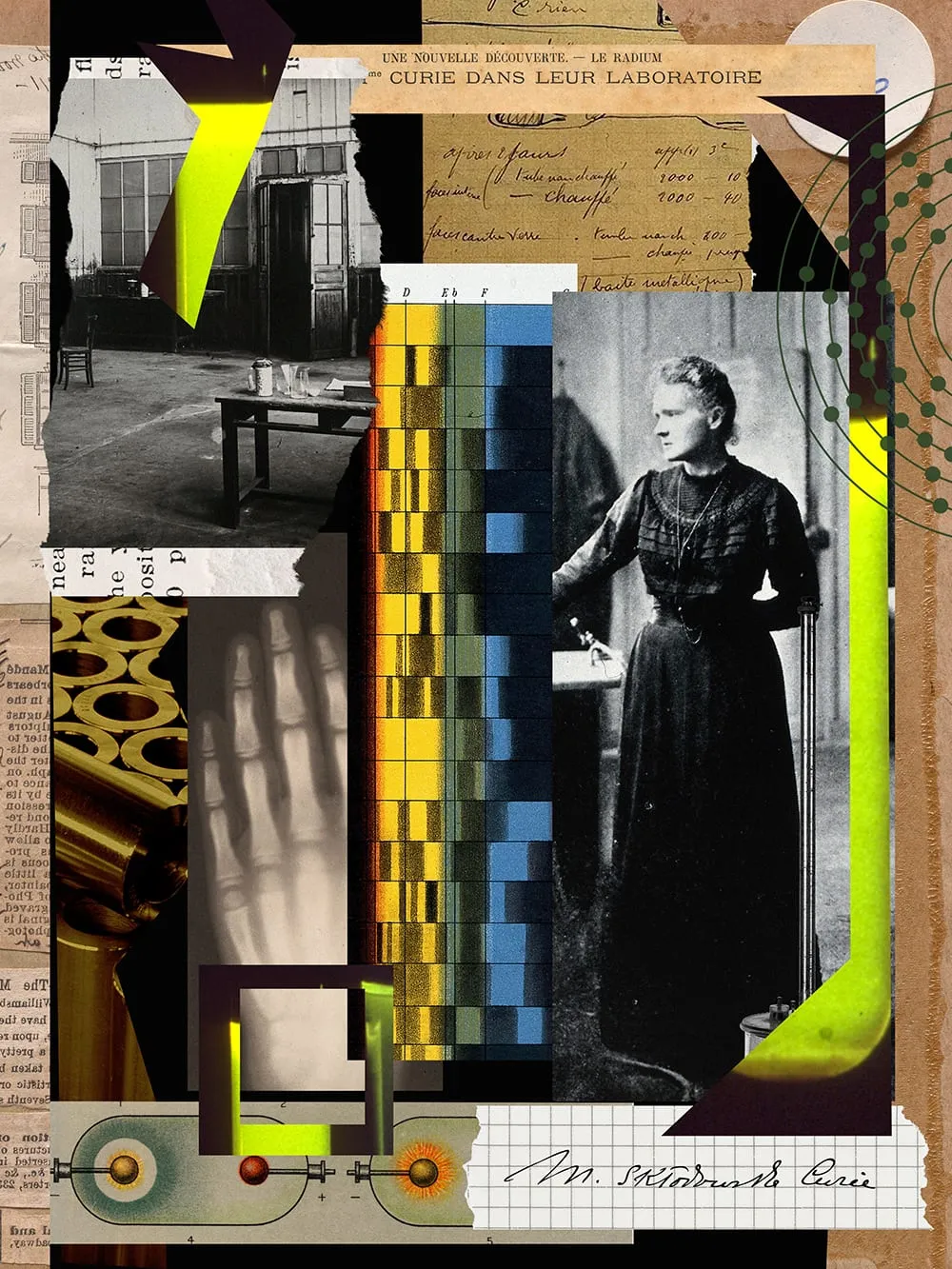 Marie Curie. Collage portrait of Marie Curie in her laboratory with an X-ray of a hand, spectral bands, handwritten notes and her signature. Digital collage by Asya Aseeva