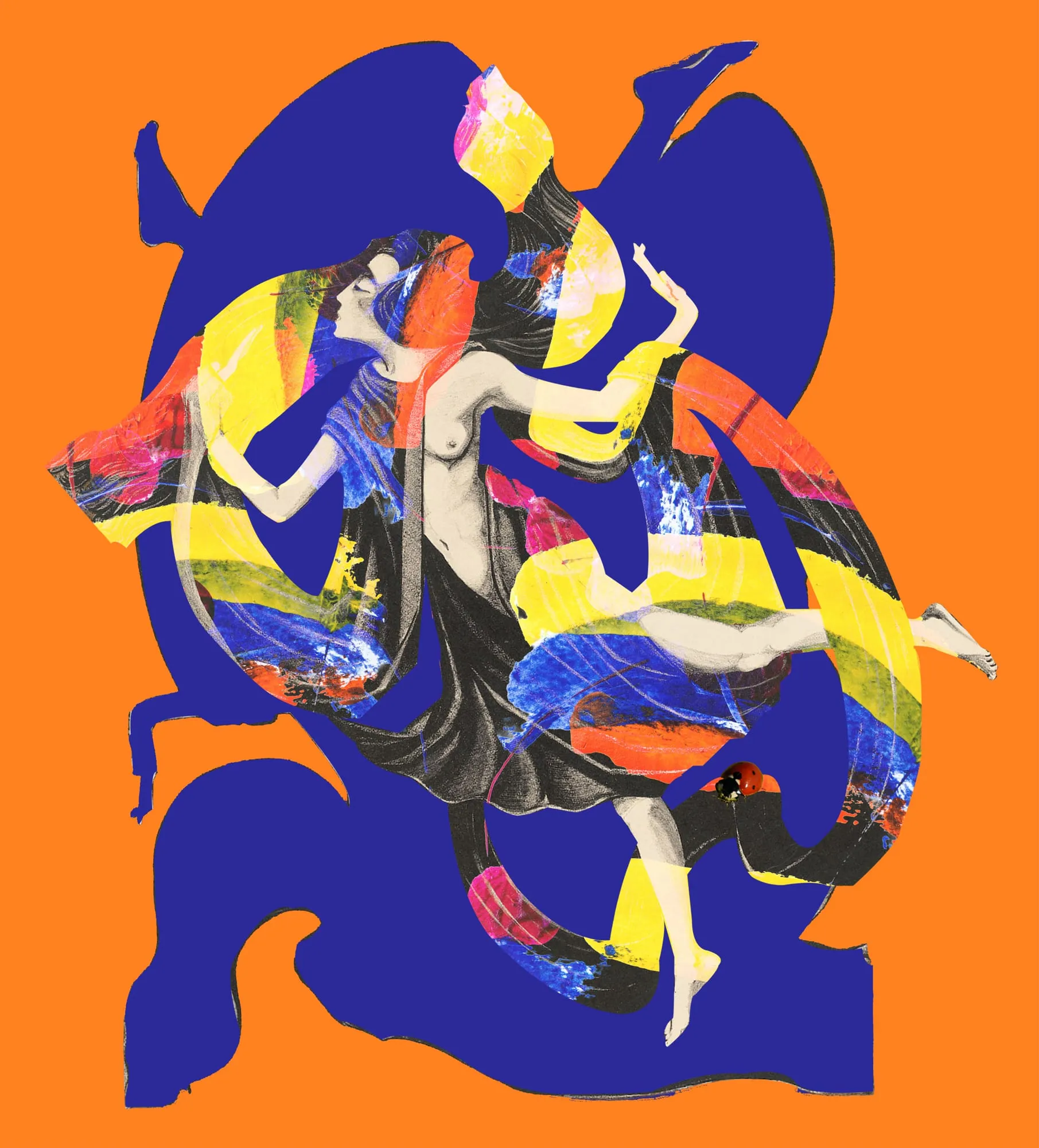 Dance. A dancing figure dissolving into ribbons of yellow, blue and red painted paper against orange and cobalt. Digital collage by Asya Aseeva