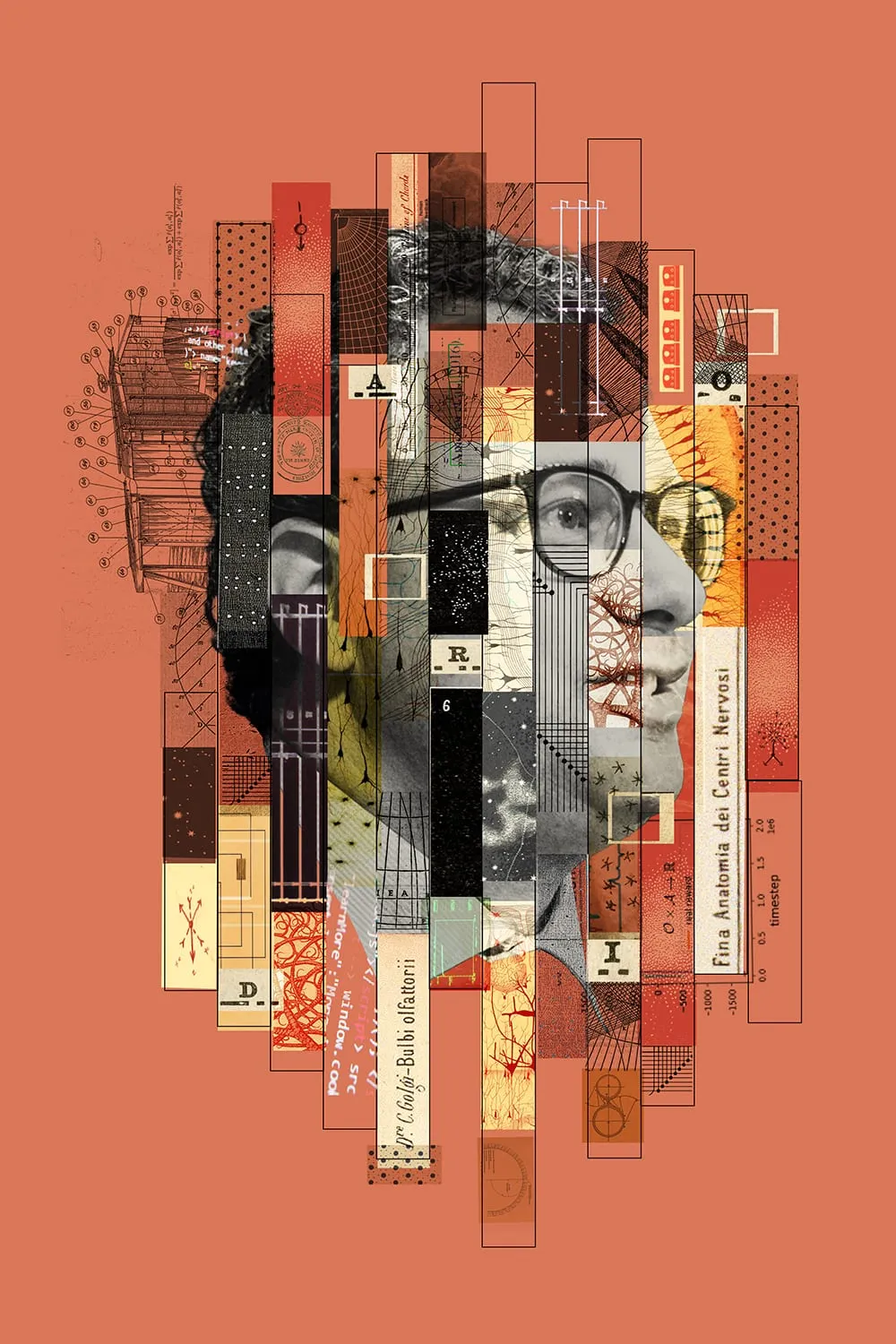 Architectures of Thought: A Portrait of Dario Amodei. Portrait built from vertical bands filled with anatomical plates of nerve centres, machine diagrams, code fragments and a loss curve. Digital collage by Asya Aseeva