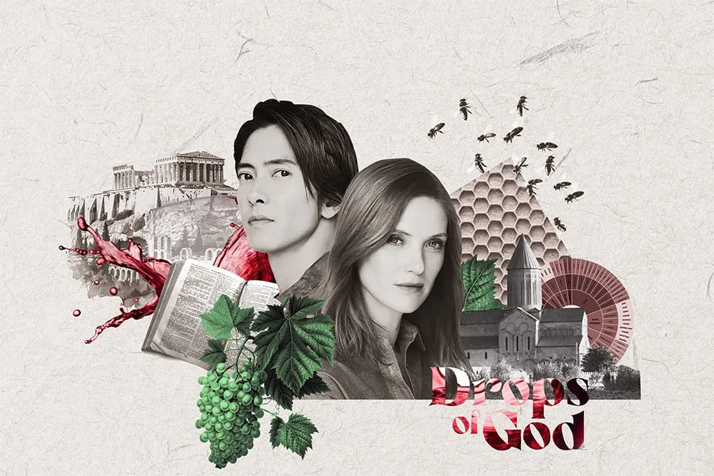 Drops of God. Two portraits back to back between the Acropolis and a Georgian church, with a splash of red wine, an open book, green grapes and bees over a honeycomb. Digital collage by Asya Aseeva