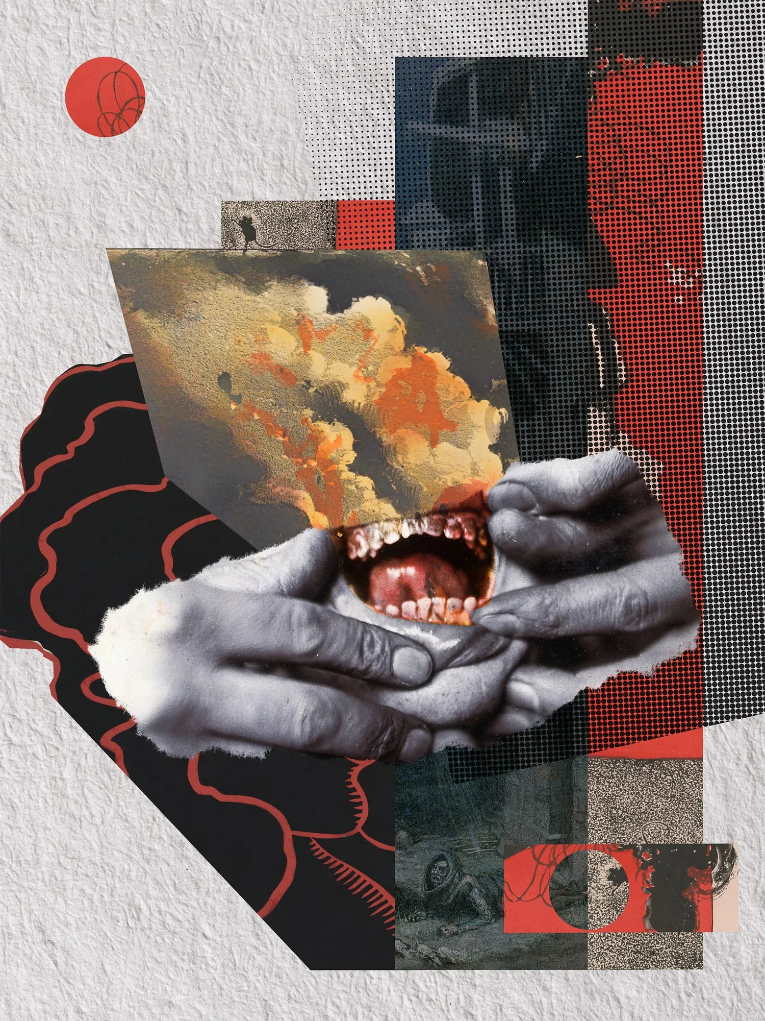 Fear. Two hands hold an open screaming mouth, framed by halftone dots, a red circle and a burning sky. Digital collage by Asya Aseeva