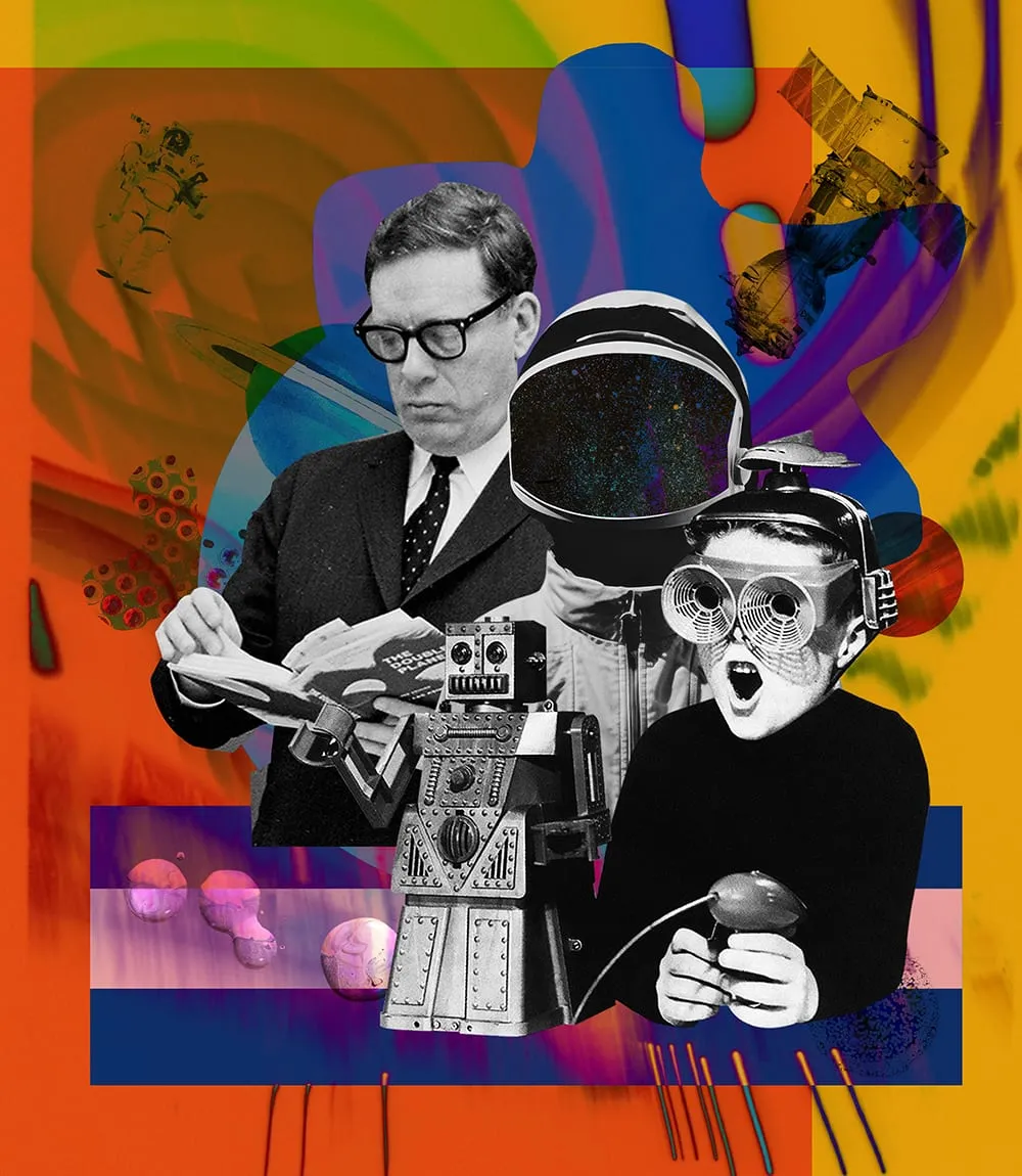 Futurism. Isaac Asimov reads beside a tin robot while a child in retro goggles and a figure in a star-filled helmet look on, among satellites and planets in psychedelic colour. Digital collage by Asya Aseeva