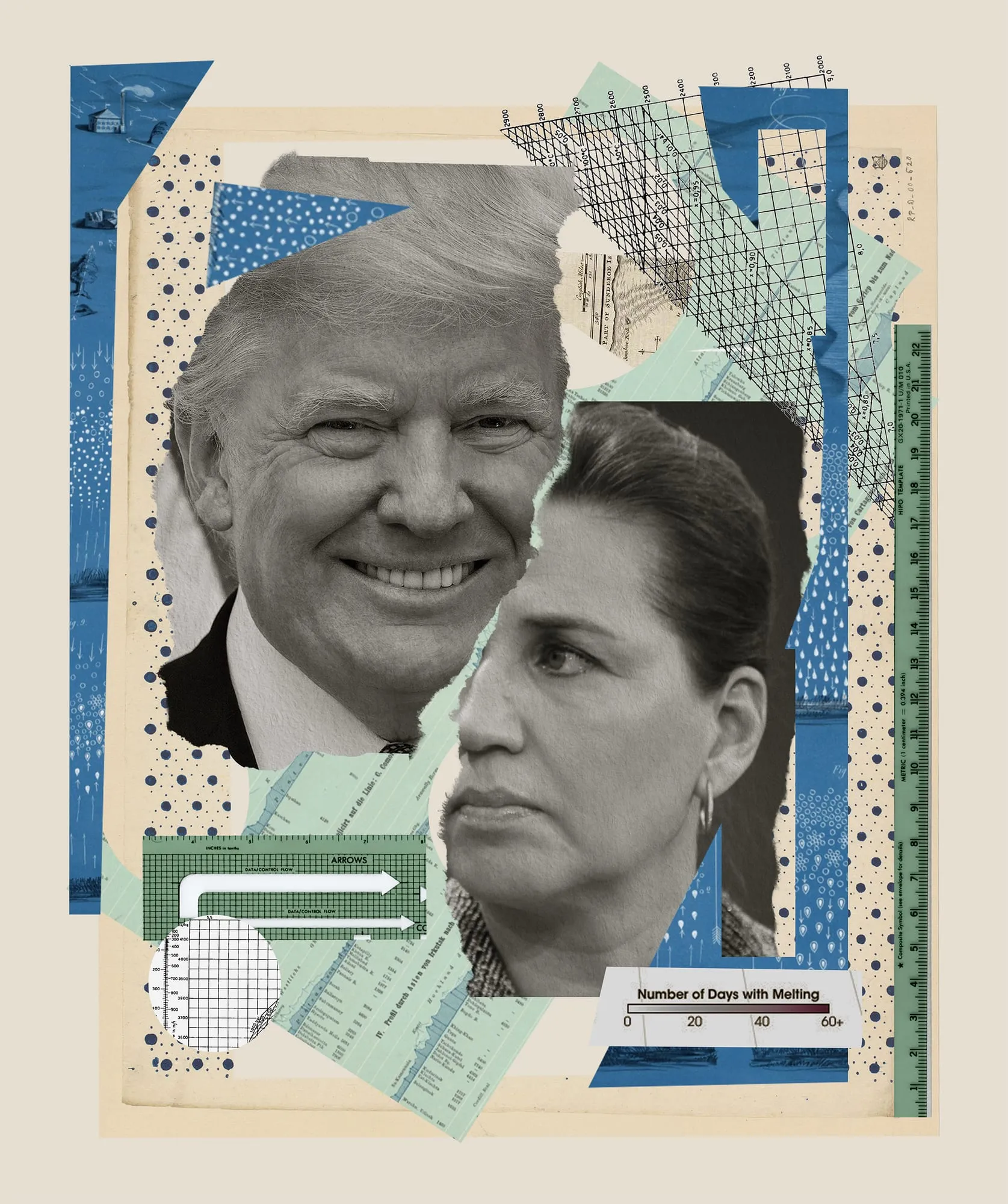 Greenland. Collage on the political framing of Greenland: portrait fragments combined with maps, measuring tools and data-like visuals. Digital collage by Asya Aseeva