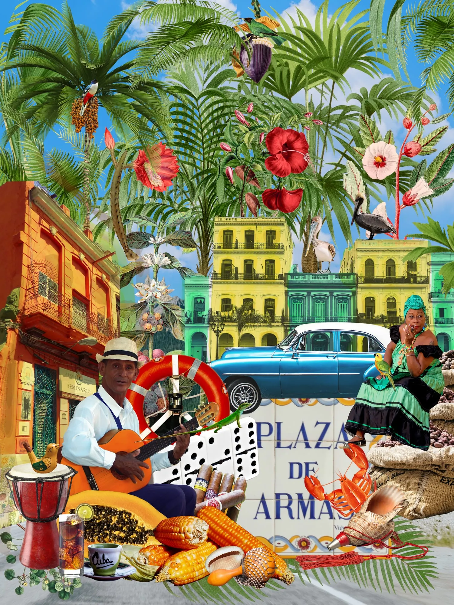 Cuba. Dense collage portrait of Havana: pastel facades, a turquoise vintage car, a guitarist in a straw hat, dominoes, papaya and palms. Digital collage by Asya Aseeva
