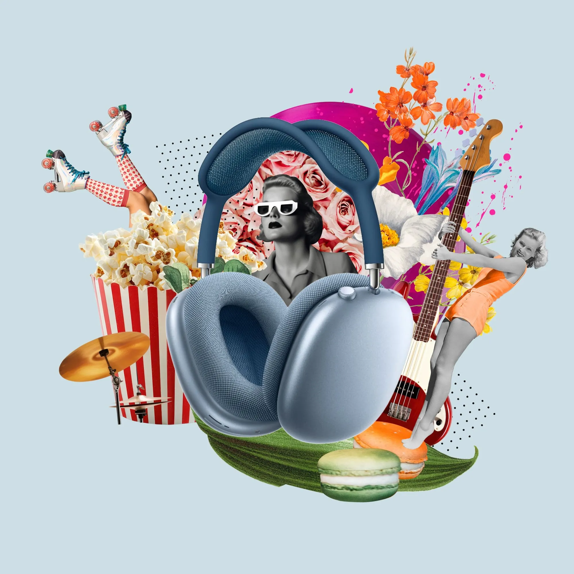 Headphones. Oversized headphones at the centre of a burst of popcorn, roller skates, a bass guitar, cymbals, macarons and flowers, with a woman in white sunglasses behind. Digital collage by Asya Aseeva
