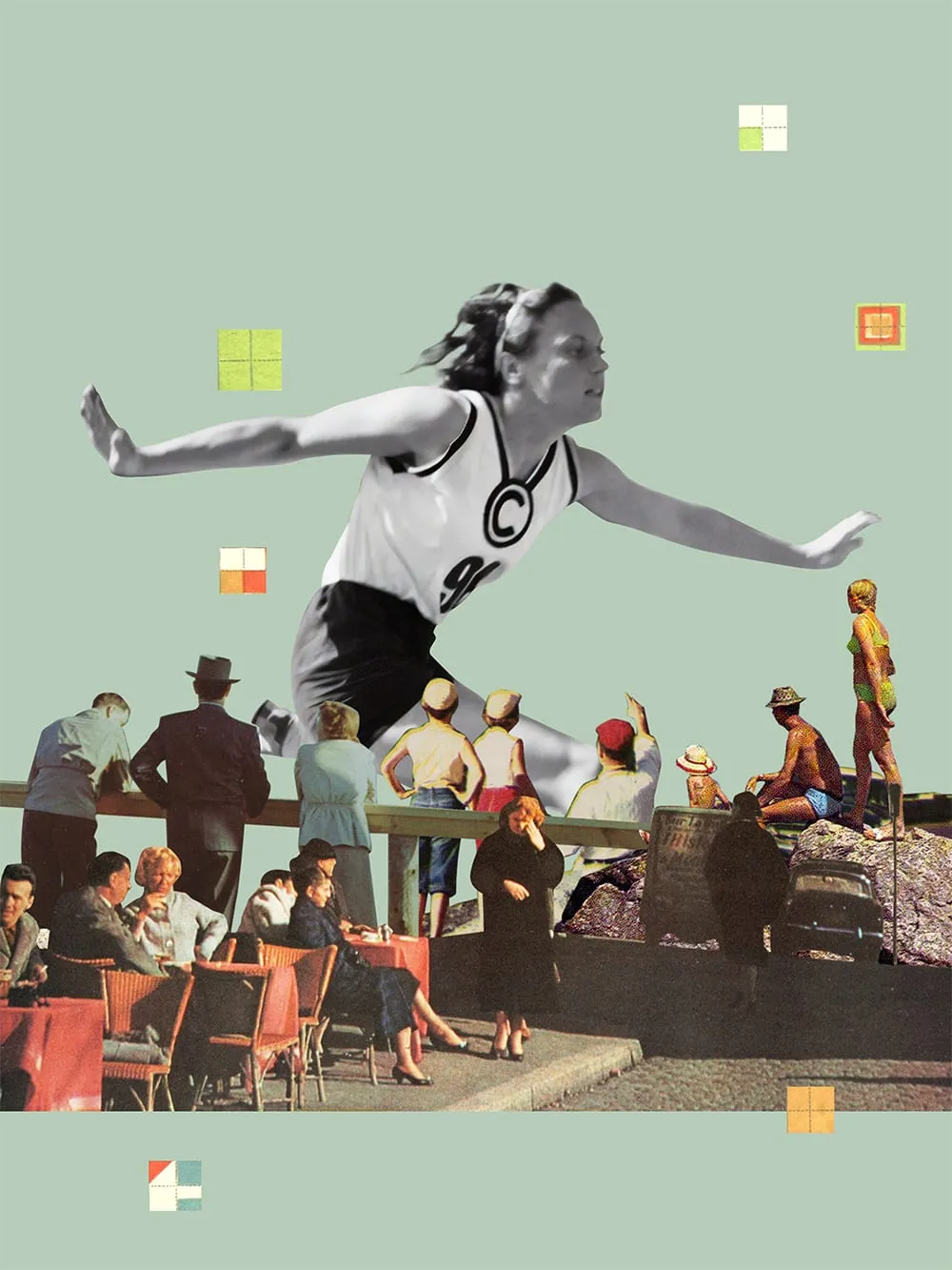 Jump. An athlete in a numbered vest leaps in mid-air over a seaside café terrace, watched by holidaymakers, on pale green. Digital collage by Asya Aseeva