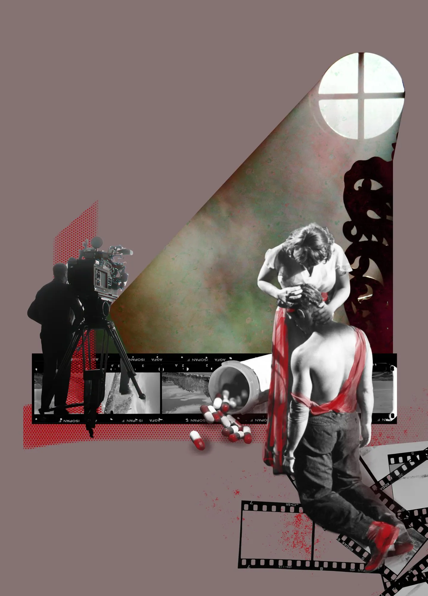 Mental illness, second version. A film crew records while a spilled bottle scatters capsules; a woman cradles someone’s head and a figure in a red scarf walks away across film strips. Digital collage by Asya Aseeva