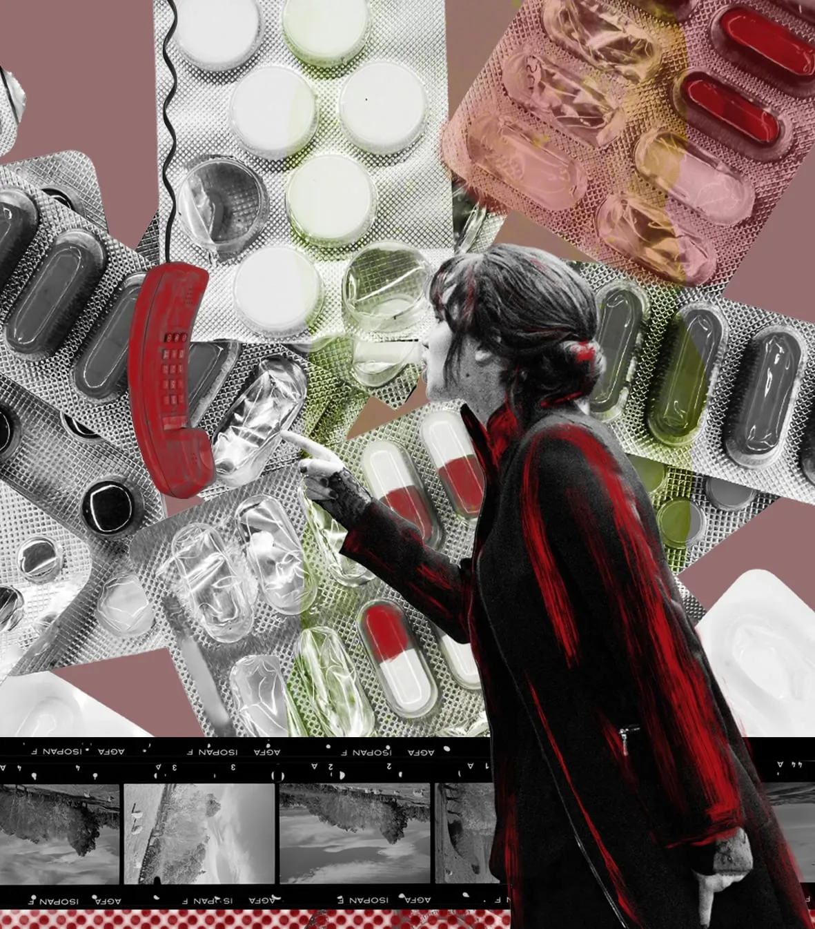 Mental illness. A woman in red and black reaches for a red telephone receiver among enormous blister packs of pills, over a strip of film negatives. Digital collage by Asya Aseeva