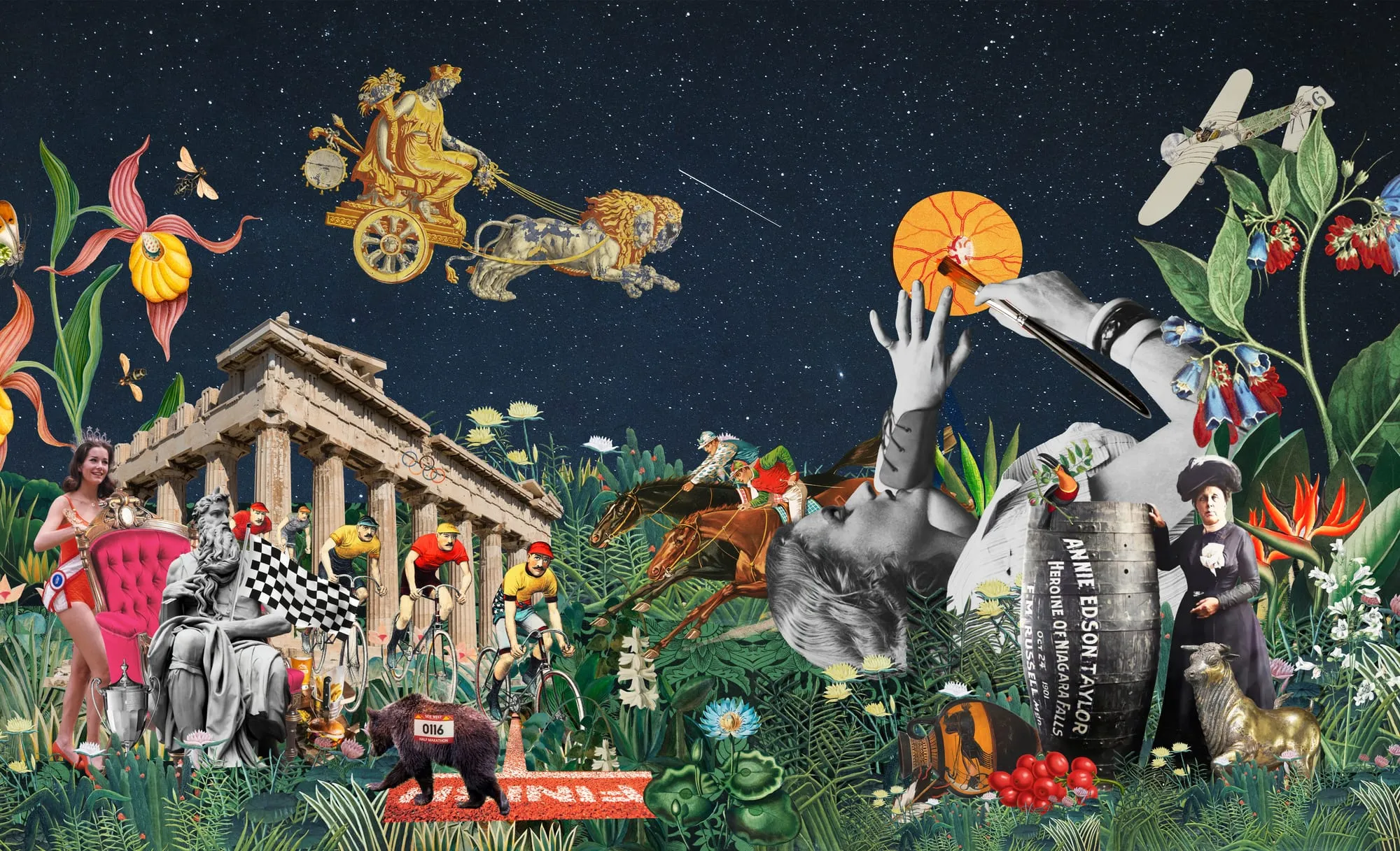 Homo Competitor. A timeless garden at night gathering competitors from every era: a Greek temple with Olympic rings, a golden chariot, early cyclists, a biplane and the barrel of Annie Edson Taylor, heroine of Niagara Falls. Digital collage by Asya Aseeva