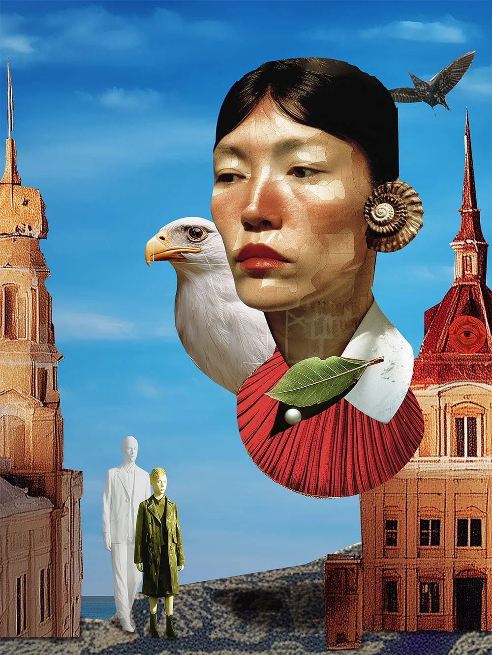 Neuro. A woman’s face with an ammonite for an ear and a pleated red collar floats between brick spires above a shoreline, with a gull at her cheek. Digital collage by Asya Aseeva