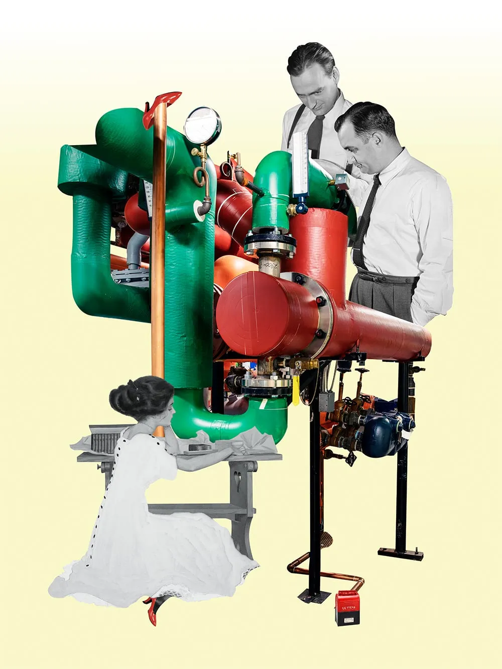Note. Two men in shirts and ties lean over a tangle of green and red industrial pipes and gauges, while a woman in a white dress writes at a small desk below. Digital collage by Asya Aseeva