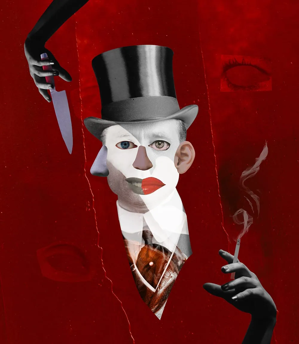 Poesie. A face split down the middle wearing both a top hat and a bowler against red velvet; one hand at the edge holds a knife, another a lit cigarette. Digital collage by Asya Aseeva