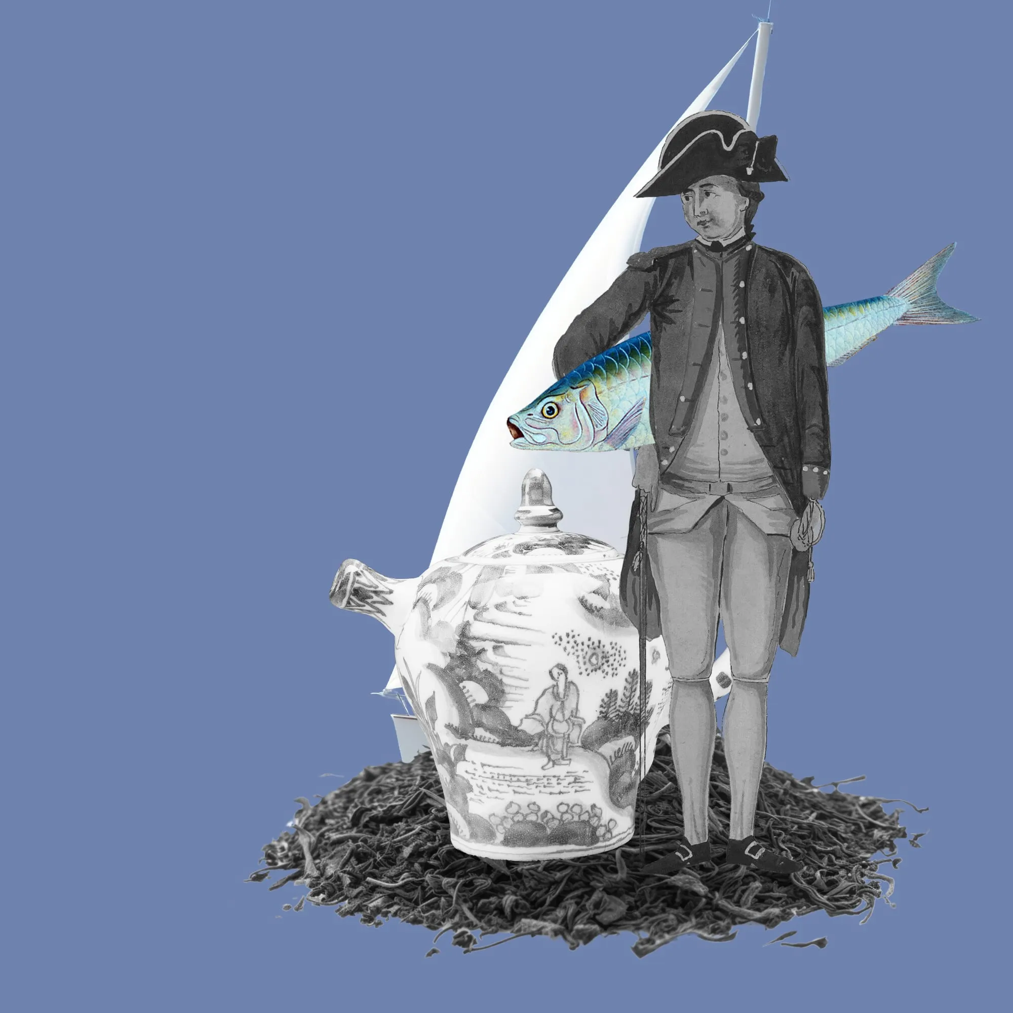 Tea, second version. An eighteenth-century officer in a tricorne hat stands beside a Chinese porcelain teapot and a mackerel, on a mound of loose tea leaves under a white sail. Digital collage by Asya Aseeva