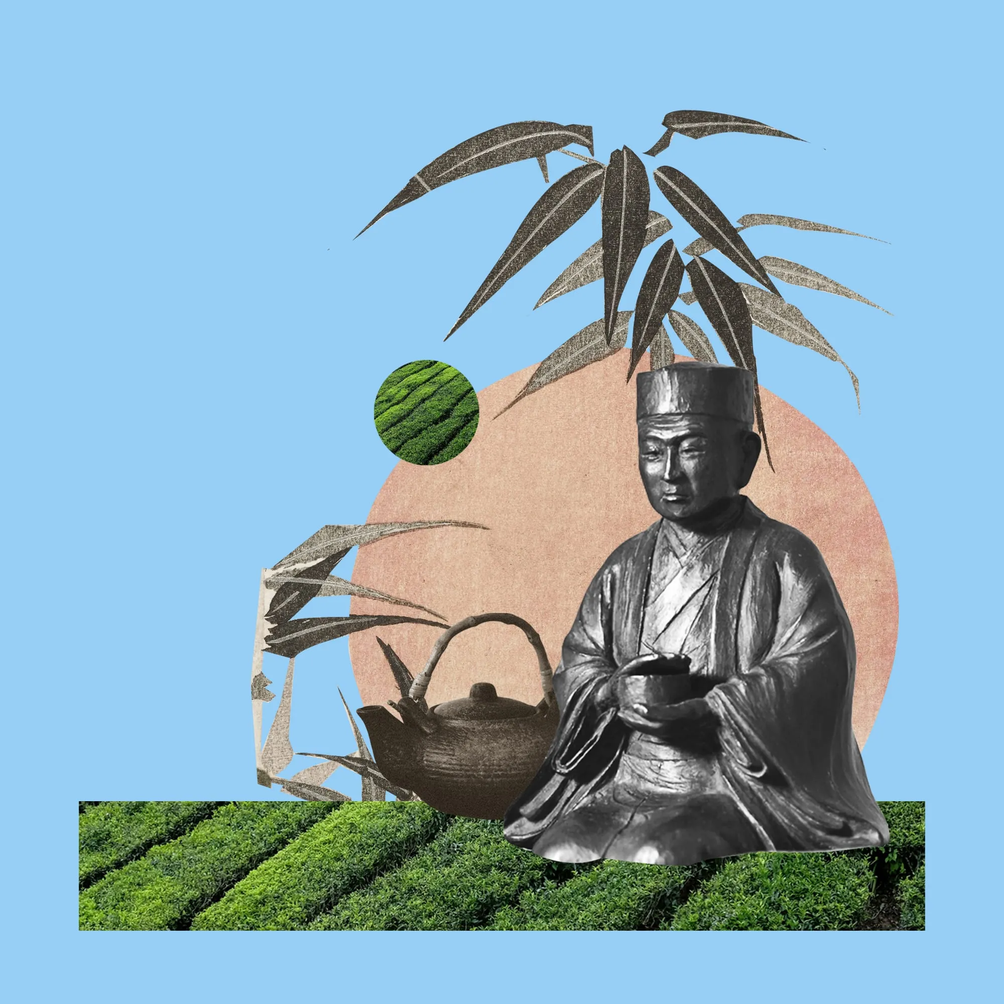 Tea. A bronze seated figure in robes holds a bowl beside a clay teapot, with bamboo, a terracotta sun and rows of a tea plantation on pale blue. Digital collage by Asya Aseeva
