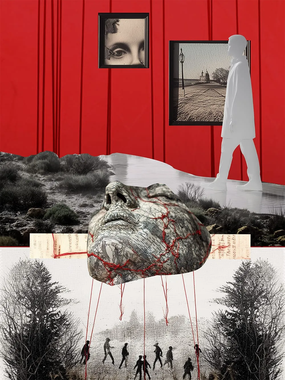 Thriller. A red gallery wall hung with a framed pair of eyes and a snowy embankment, a white figure walking past; below, a mask built from maps and red thread hangs over small figures crossing a bare landscape. Digital collage by Asya Aseeva