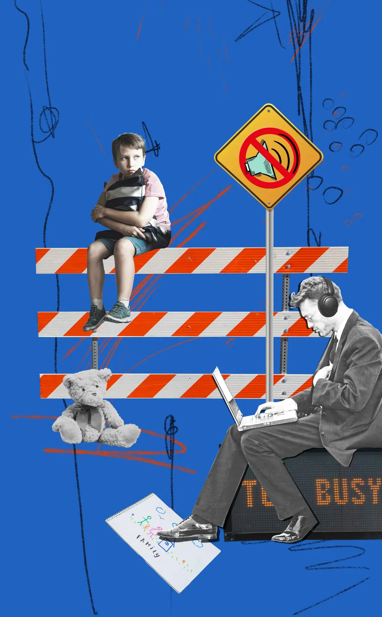 Not Listening. A boy sits alone on a construction barrier while a man in headphones works on a laptop perched on a sign reading TOO BUSY; between them a muted speaker and a forgotten teddy bear. Digital collage by Asya Aseeva