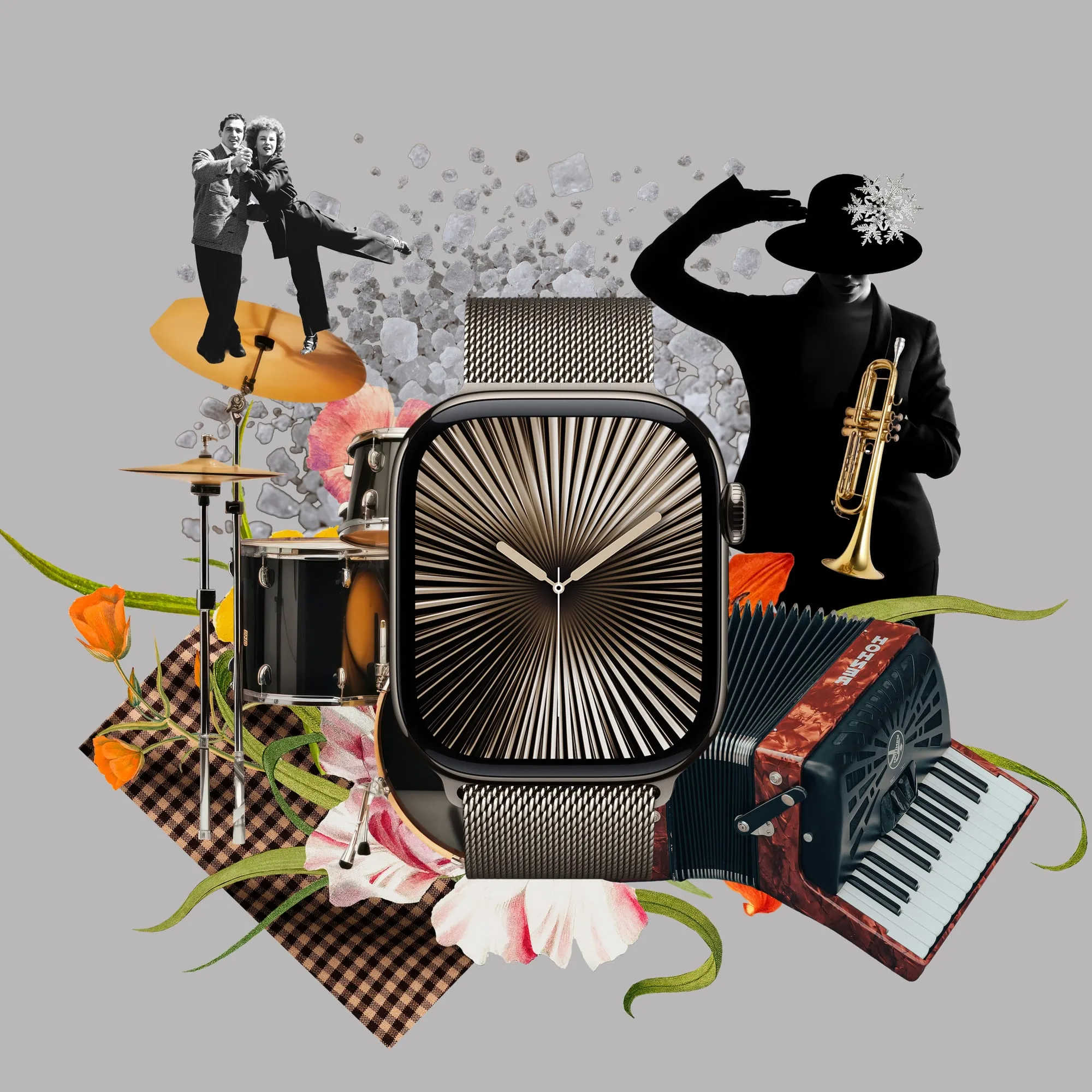 Watch. A titanium watch at the centre of drums, cymbals, an accordion and a trumpet, with a dancing couple, sugar crystals and poppies around it on grey. Digital collage by Asya Aseeva