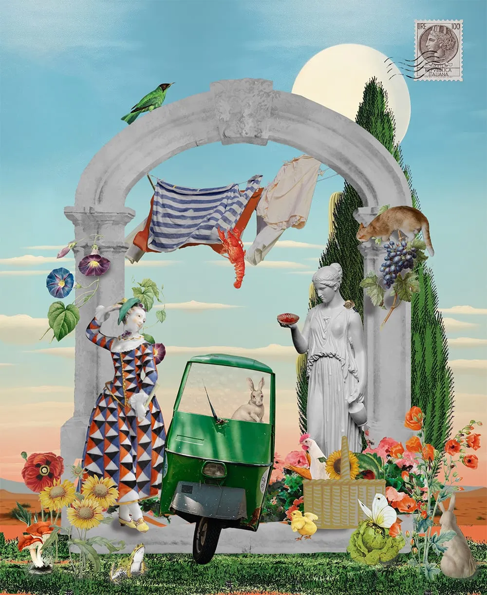 Wine. A stone arch hung with laundry: a harlequin figure, a classical statue offering a bowl, a green three-wheeled van with a rabbit at the wheel, a cat reaching for grapes and an Italian stamp in the sky. Digital collage by Asya Aseeva