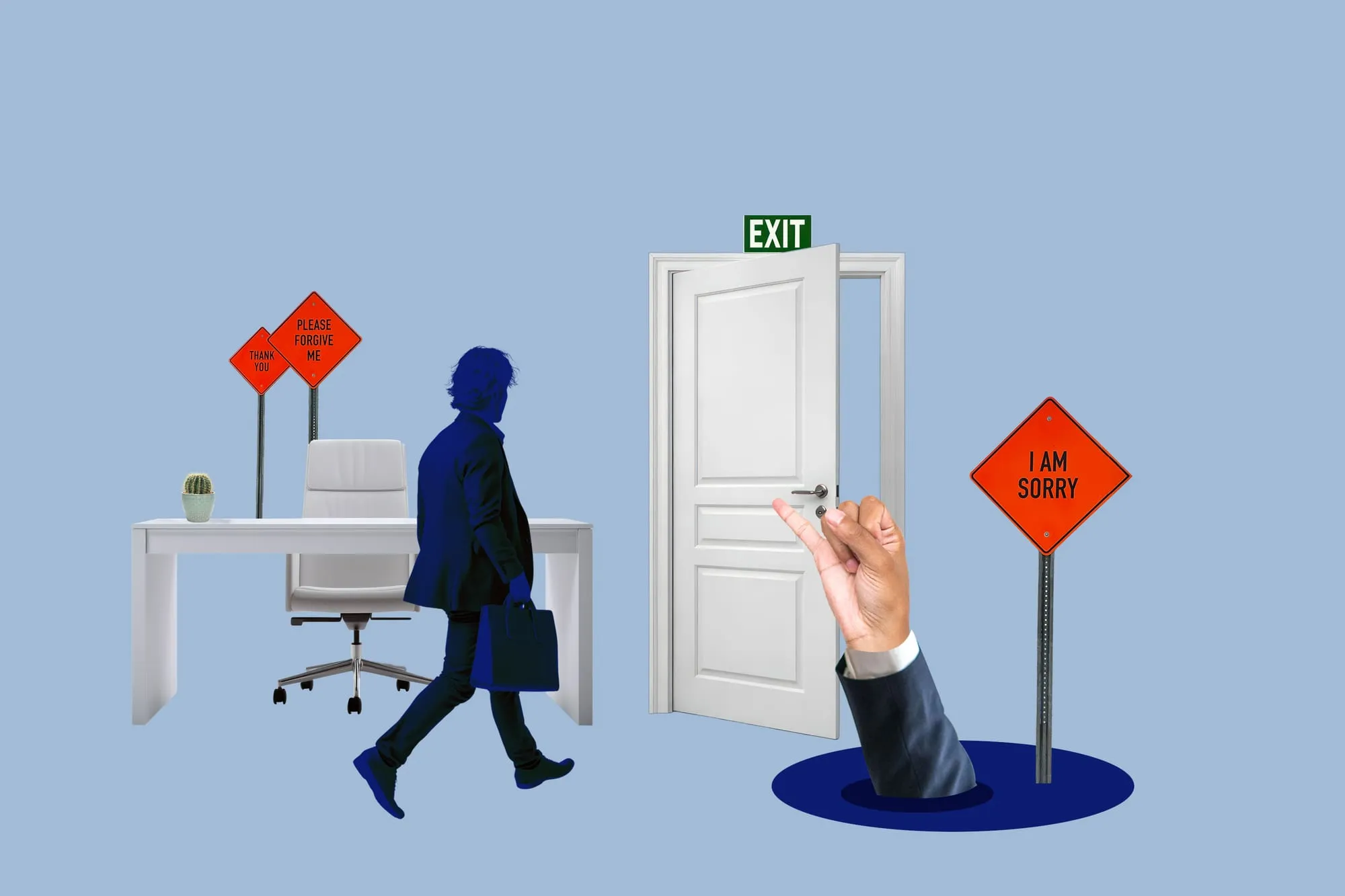 Please Come Back. An employee walks out under a lit EXIT sign while a hand in a suit cuff reaches up through a hole in the floor; road signs around the abandoned desk read THANK YOU, PLEASE FORGIVE ME, I AM SORRY. Digital collage by Asya Aseeva